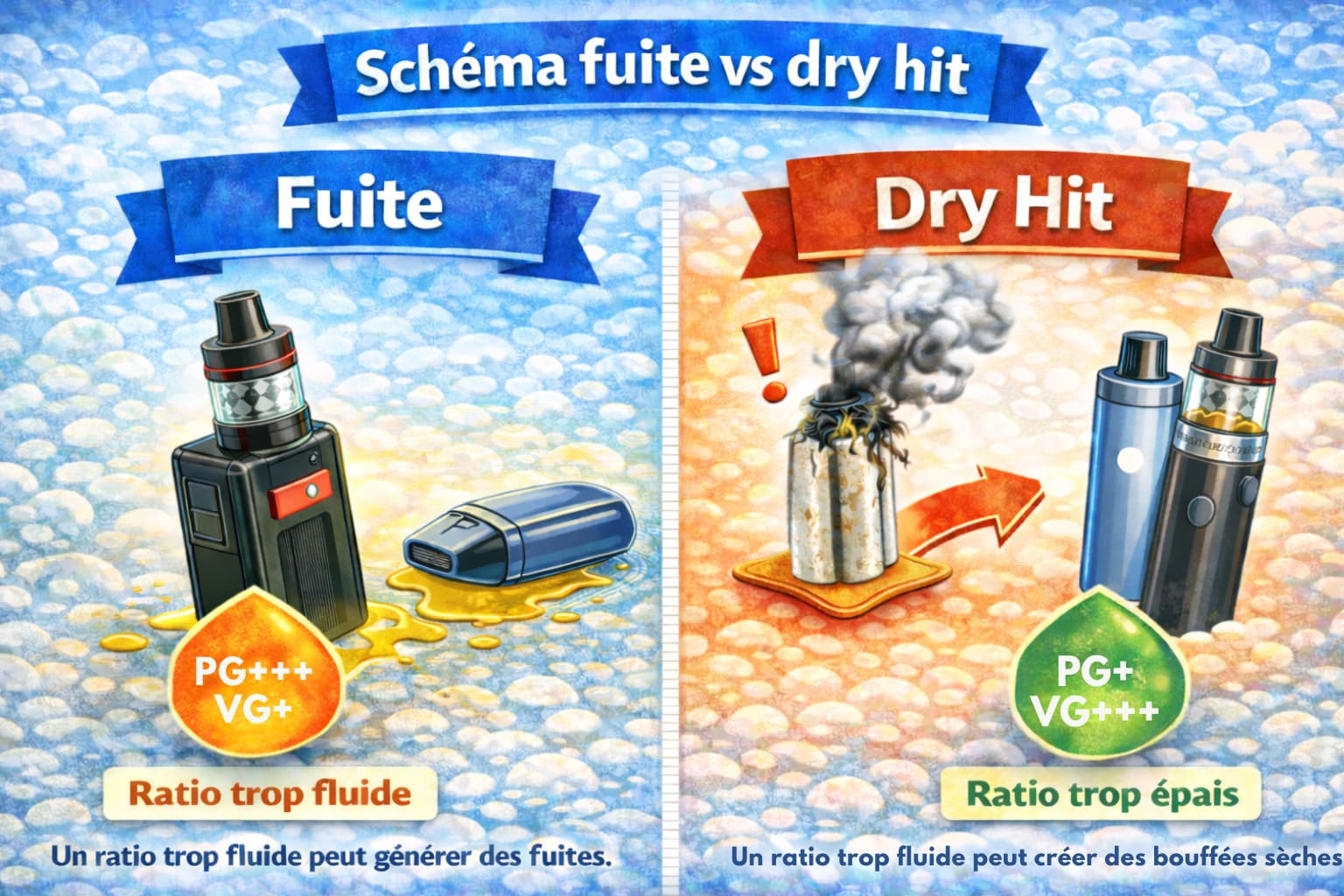Schéma fuite et dry hit selon un e-liquide trop fluide ou trop épais