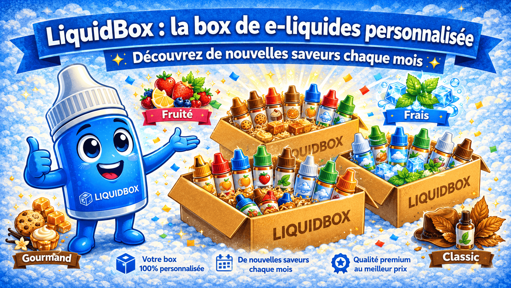 Une box de e-liquides personnalisée avec plusieurs flacons