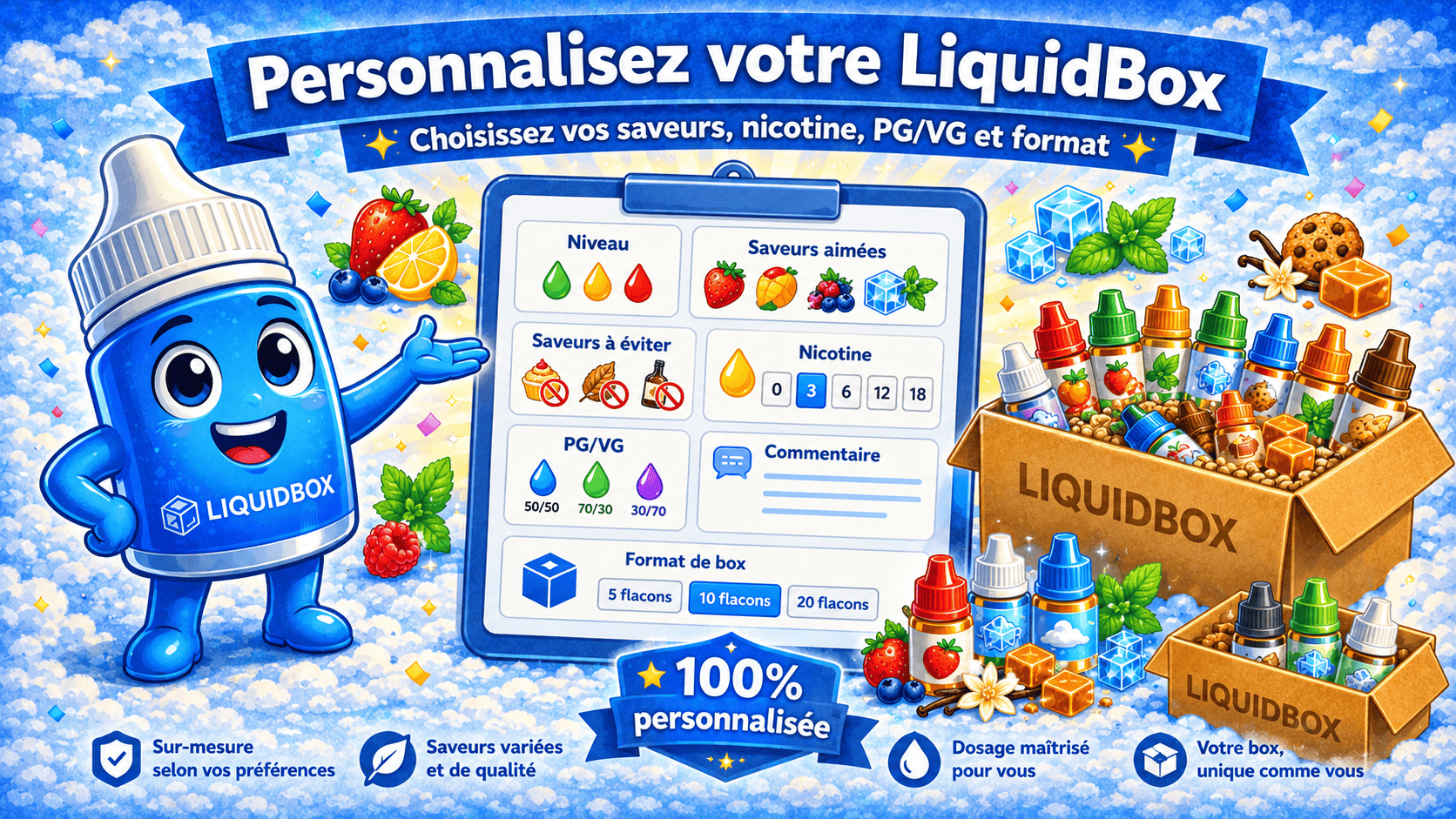 Une box LiquidBox avec différents e-liquides sélectionnés selon les goûts du vapoteur