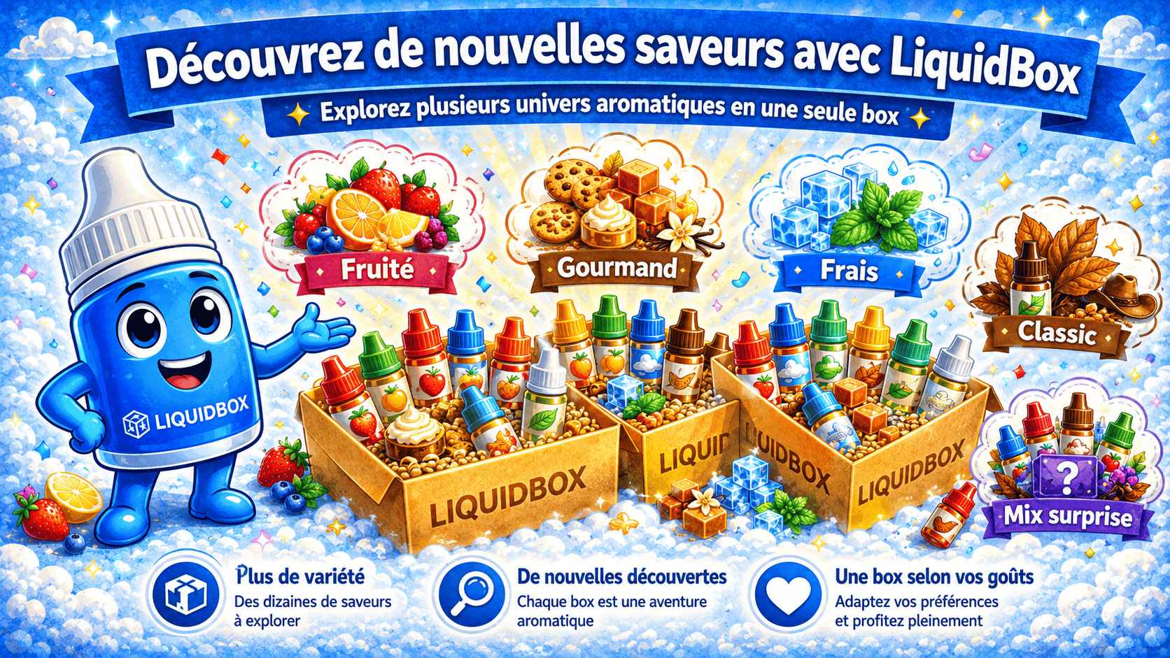 Une sélection de e-liquides réunis dans une box vape personnalisée
