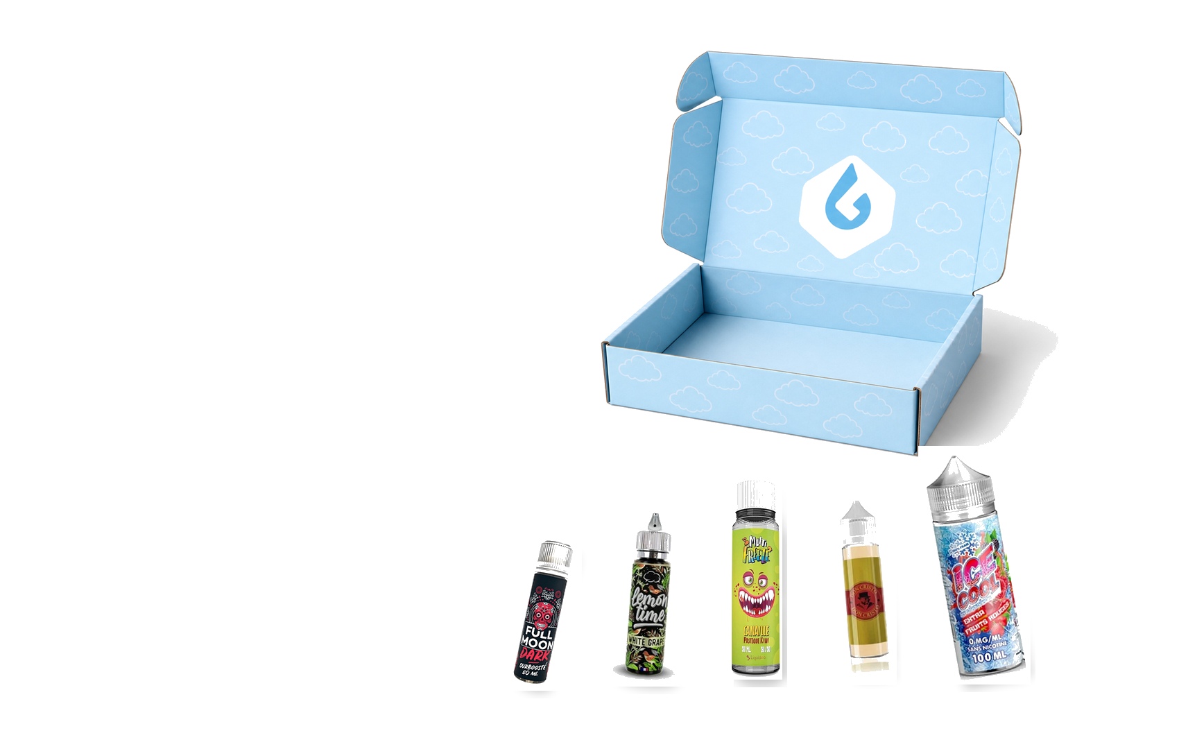 Box LiquidBox ouverte avec sélection de e-liquides