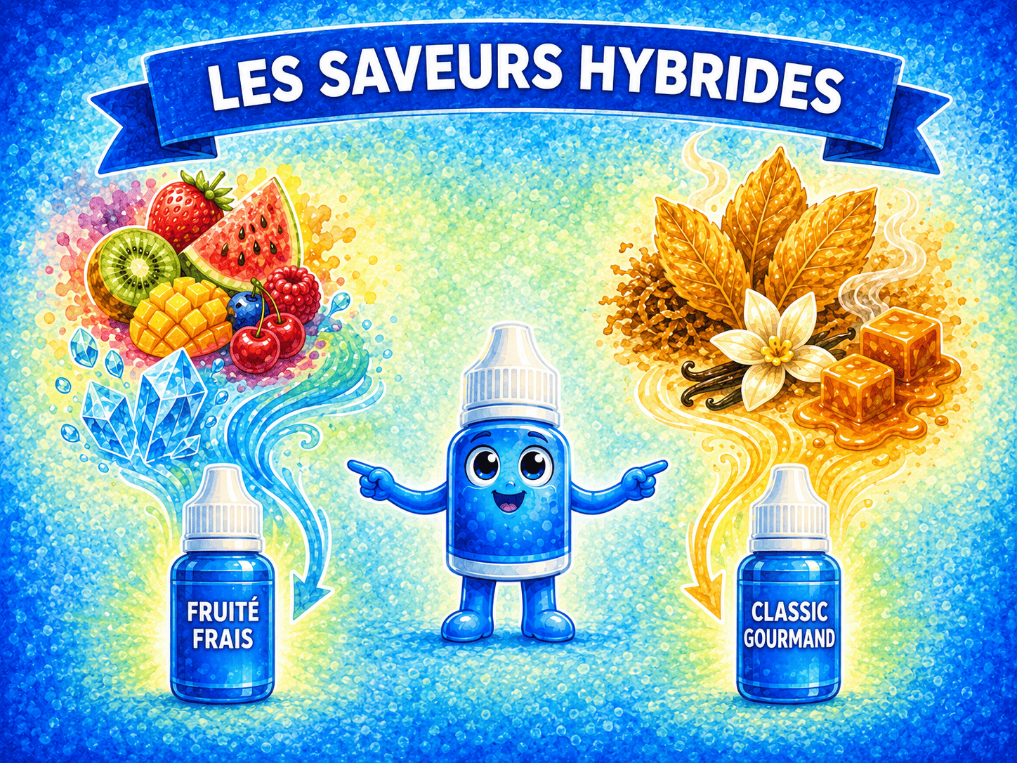Saveurs hybrides d'e-liquide fruité frais et classic gourmand illustrées par Liquid Buddy
