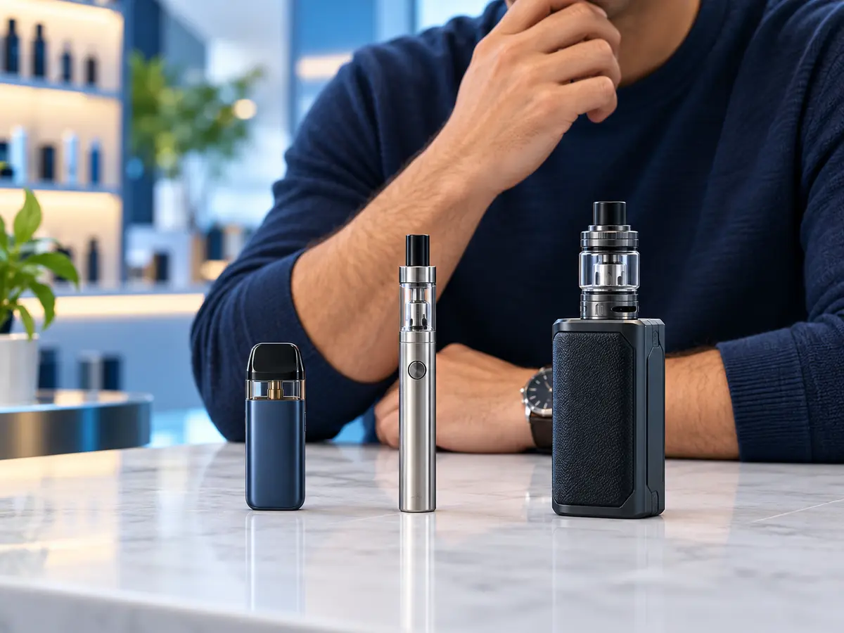 Comparaison entre un pod, un kit tube et une cigarette électronique au format box