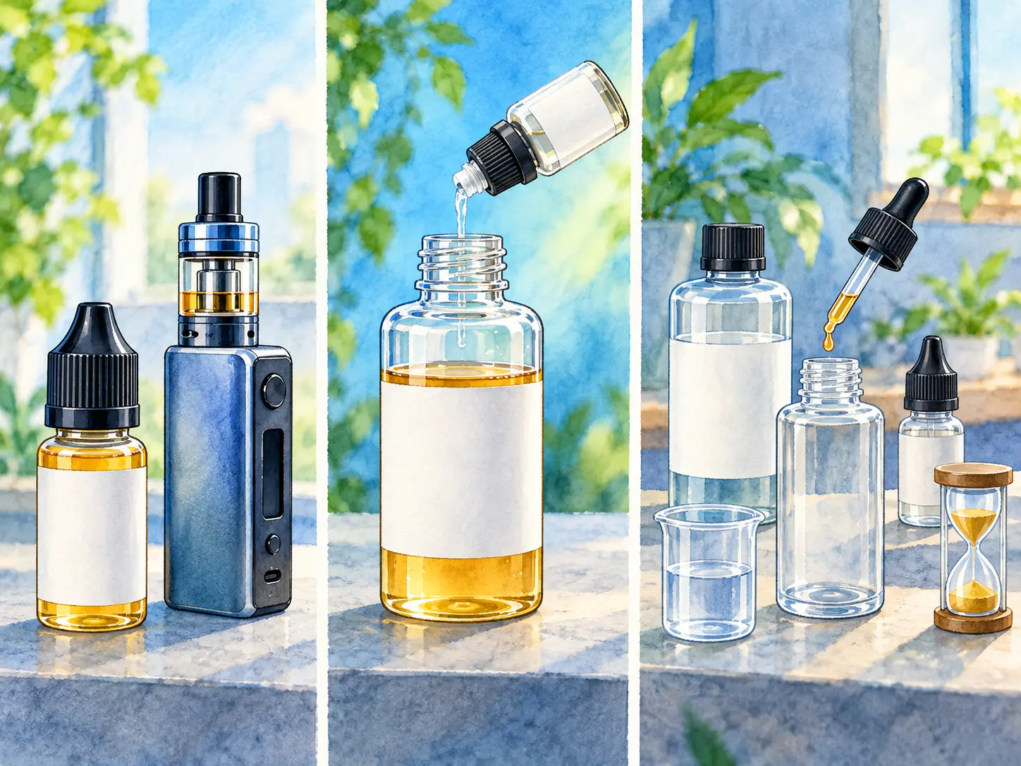 Comparaison visuelle entre e-liquide prêt à vaper, prêt à booster et DIY
