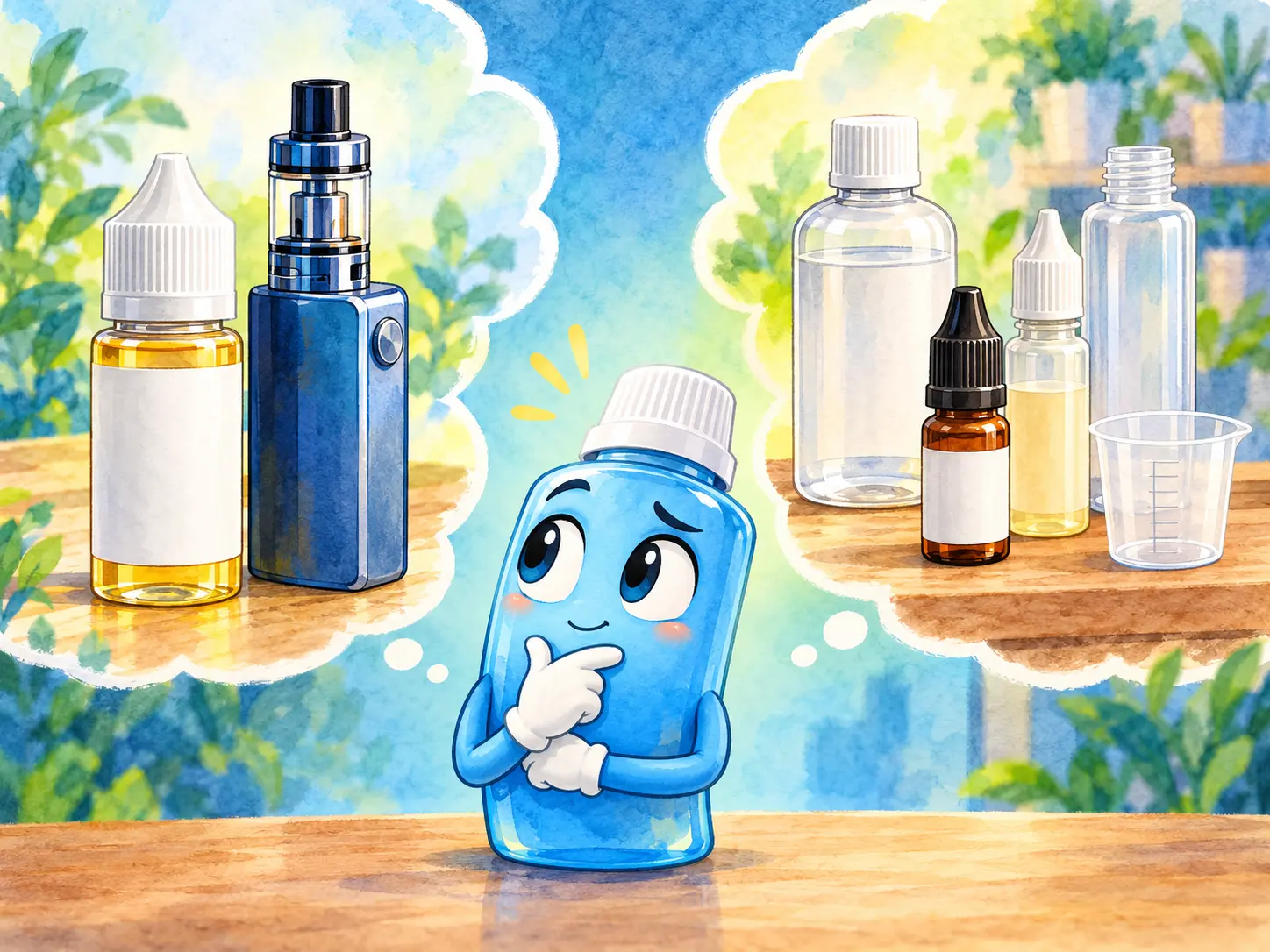 Liquid Buddy choisissant entre un flacon prêt à vaper et la préparation d’un e-liquide DIY
