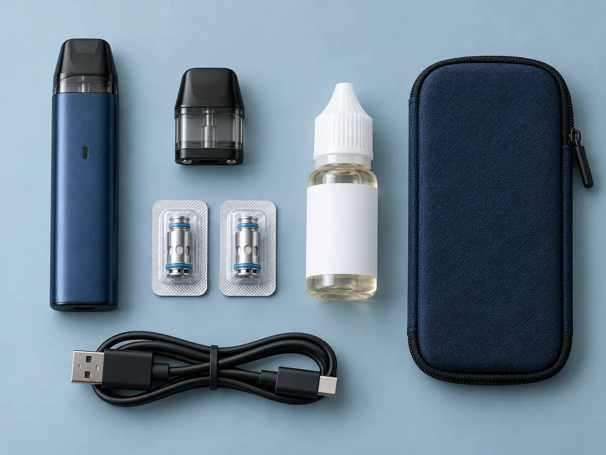 Kit de départ avec pod rechargeable, cartouche, résistances, e-liquide, câble et étui