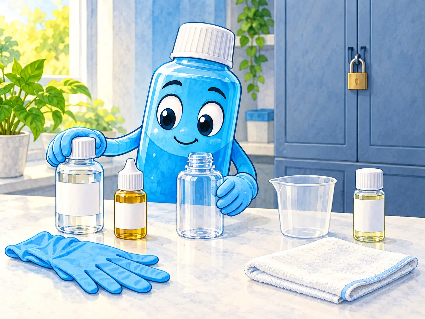 Préparation sécurisée d’un e-liquide DIY sur un plan de travail propre